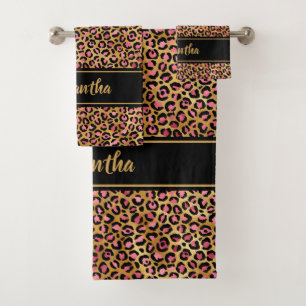 Chic Black Pink Gold Leopard Print Personalized Bath Towel Set