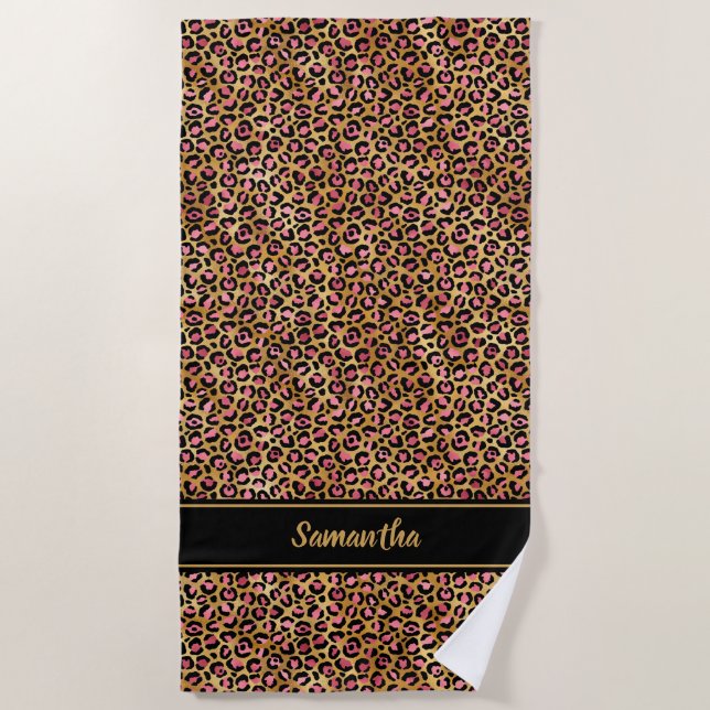 Chic Black Pink Gold Leopard Print Personalized Beach Towel (Front)