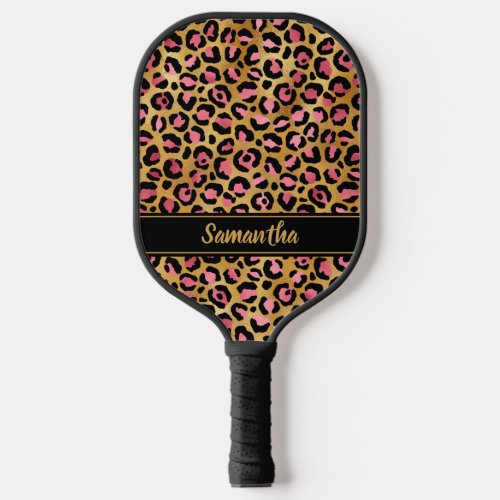 Chic Black Pink Gold Leopard Print Personalized Pickleball Paddle