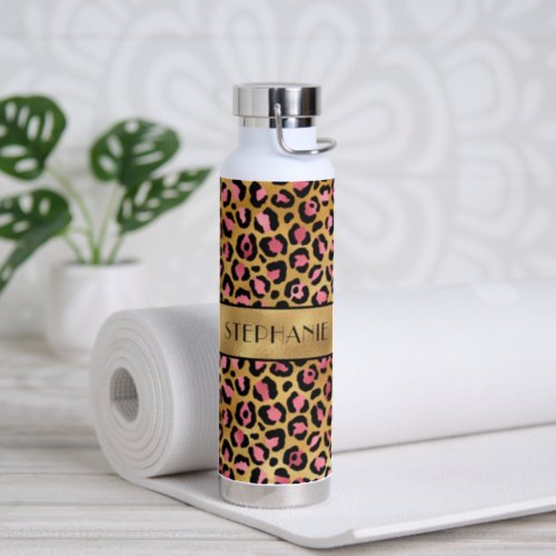 Chic Black Pink Gold Leopard Print Personalized Water Bottle