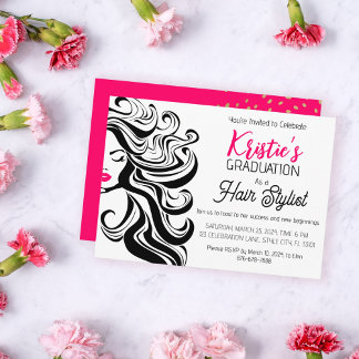 Chic Black Pink Hair Stylist Graduation Party Cute Invitation