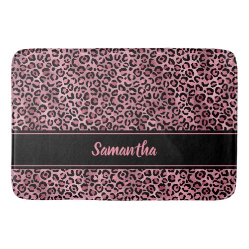 Chic Black Pink Leopard Print Personalized Bath Mat