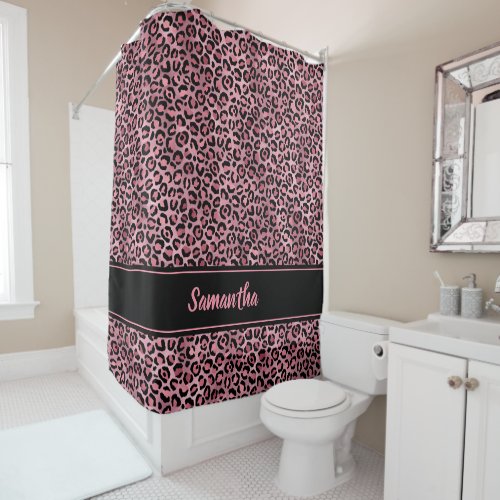 Chic Black Pink Leopard Print Personalized Shower Curtain
