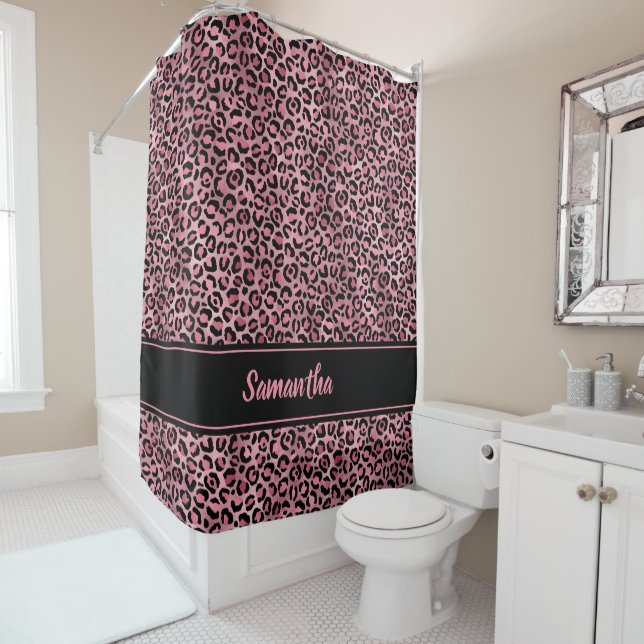 Chic Black Pink Leopard Print Personalized Shower Curtain (In Situ)