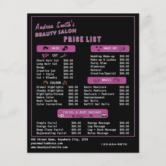 Chic Black Pink Modern Salon Services Price Menu Flyer (Front)