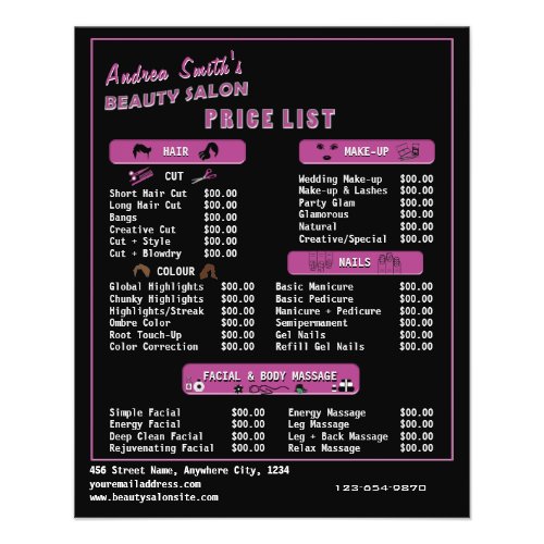 Chic Black Pink Modern Salon Services Price Menu Flyer