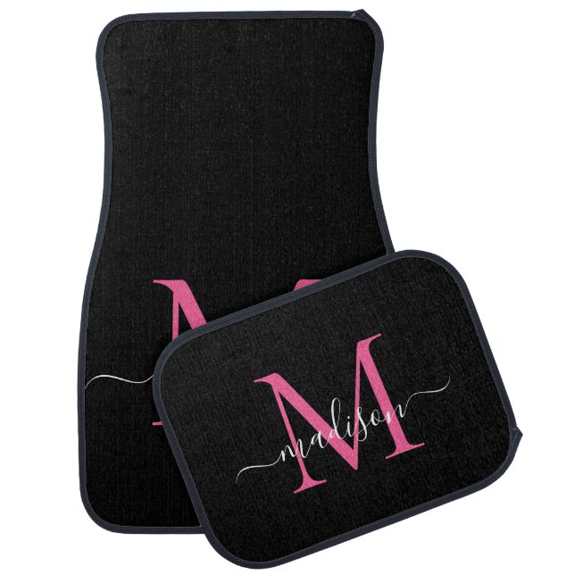 Chic Black Pink Monogram Elegant Classic Script Car Floor Mat (Set)