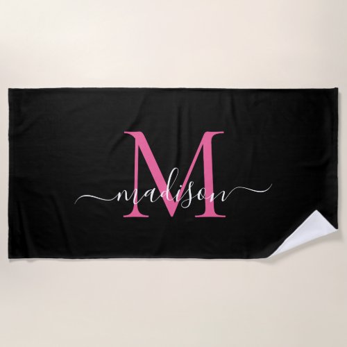 Chic Black Pink Monogram Feminine Girly Script Beach Towel