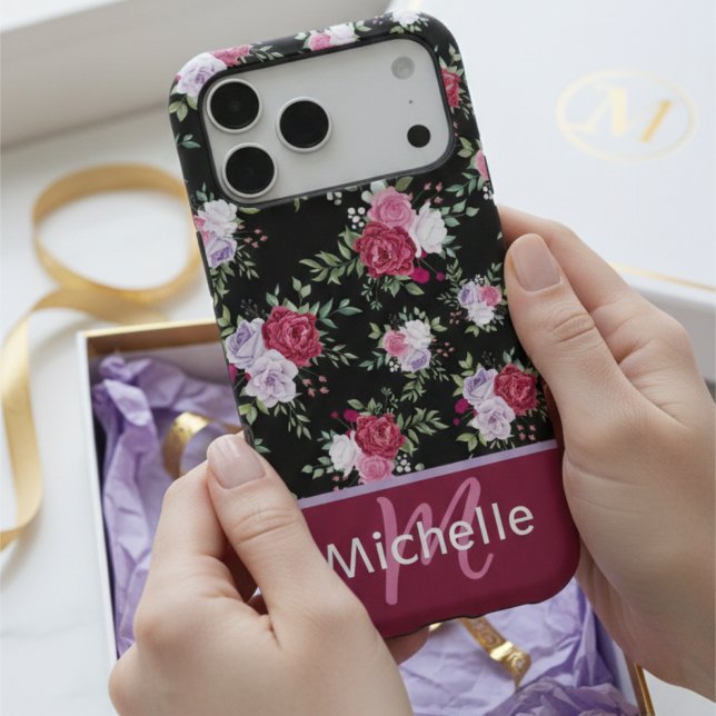 Chic Black Pink & Red Floral Pattern Custom Name Case-Mate iPhone Case (Creator Uploaded)