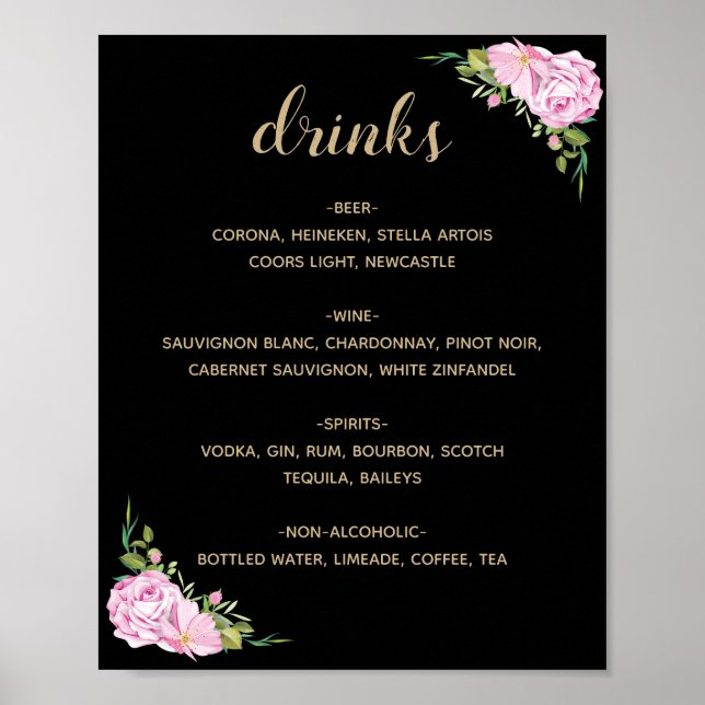 Chic Black Pink Roses Drinks Menu Poster (Front)