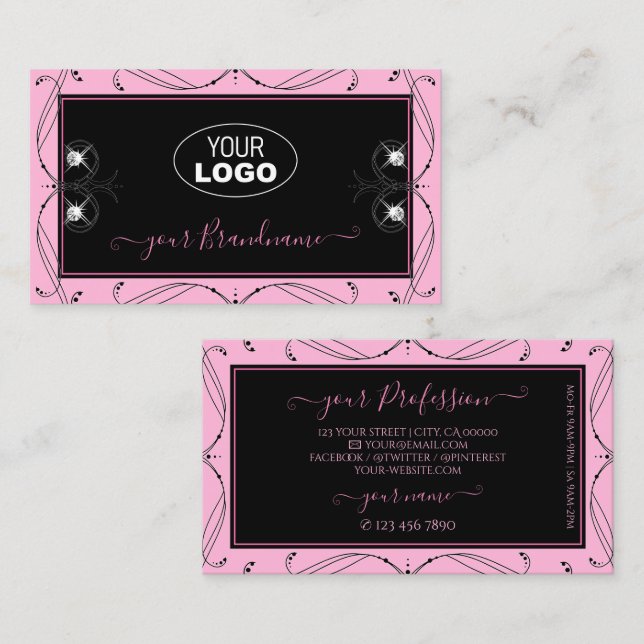 Chic Black Pink Sparkling Diamonds Add Logo Ornate Business Card (Front/Back)