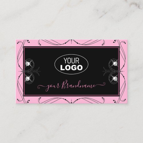 Chic Black Pink Sparkling Diamonds Add Logo Ornate Business Card