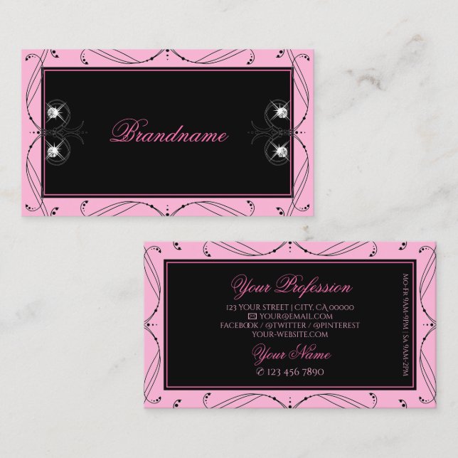 Chic Black Pink Sparkling Diamonds Elegant Ornate Business Card (Front/Back)