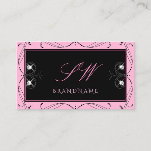 Chic Black Pink Sparkling Diamonds Monogram Ornate Business Card