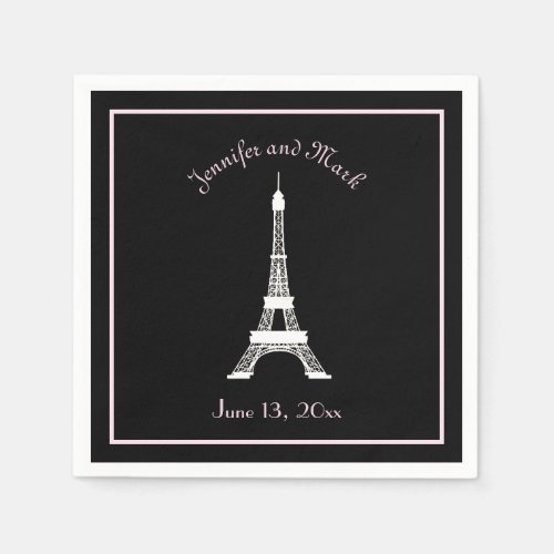 Chic Black Pink White French Eiffel Tower Wedding Paper Napkins