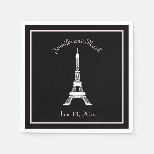 Chic Black Pink White French Eiffel Tower Wedding Paper Napkins (Front)