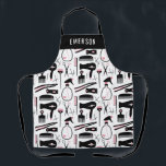 Chic Black Pink  White Hair Stylist Tools Add Name Apron<br><div class="desc">Chic hair stylist apron with a retro pattern of black hair stylist tools with black details and little hearts. Add your name in large white letters. Perfect for hair dressers,  hair stylists,  barbers,  and more! Hair salon apron without pockets personalized with your name.</div>