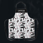 Chic Black Pink White Hair Stylist Tools Add Name Apron<br><div class="desc">Chic hair stylist apron with a retro pattern of black hair stylist tools with black details and little hearts. Add your name in large white letters. Perfect for hair dressers, hair stylists, barbers, and more! Hair salon apron without pockets personalized with your name.</div>