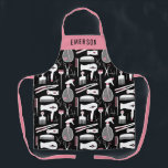 Chic Black Pink White Hair Stylist Tools Add Name Apron<br><div class="desc">Chic hair stylist apron with a retro pattern of white hair stylist tools with pink details and little hearts. Add your name in large black letters against pink. Perfect for hair dressers,  hair stylists,  barbers,  and more!</div>