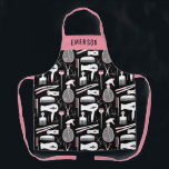 Chic Black Pink White Hair Stylist Tools Add Name Apron<br><div class="desc">Chic hair stylist apron with a retro pattern of white hair stylist tools with pink details and little hearts. Add your name in large black letters against pink. Perfect for hair dressers, hair stylists, barbers, and more!</div>