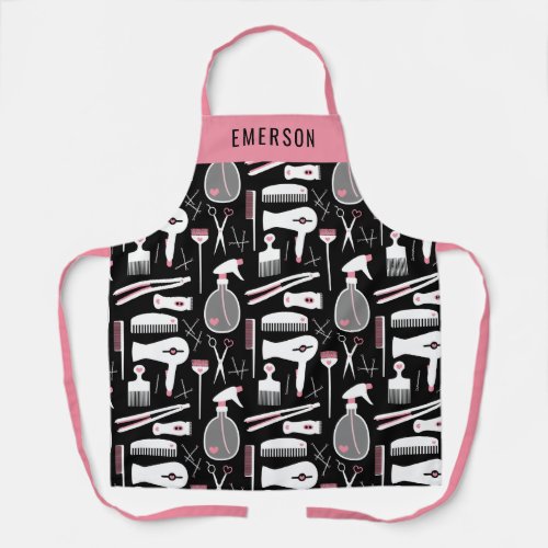 Chic Black Pink White Hair Stylist Tools Add Name Apron