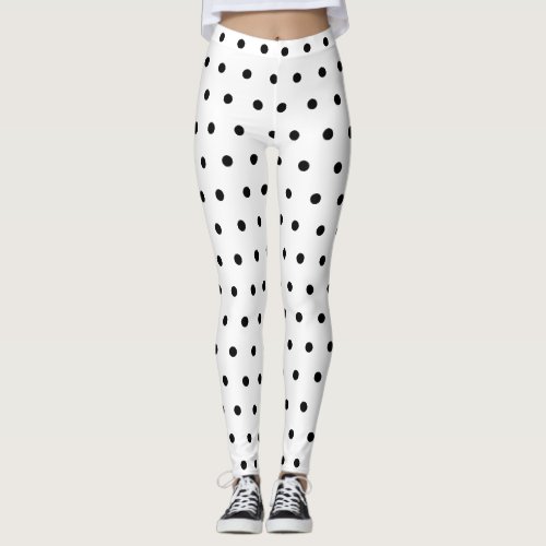 Chic Black Polka Dot Pattern On White Leggings