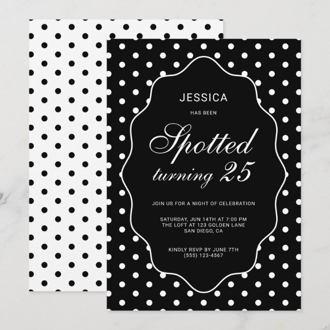 Chic Black Polka Dot Spotted 25th Birthday Party Invitation (Front/Back)