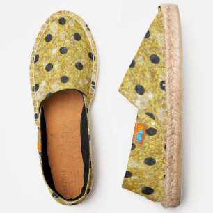 Chic black polka dots on gold faux glitter espadrilles