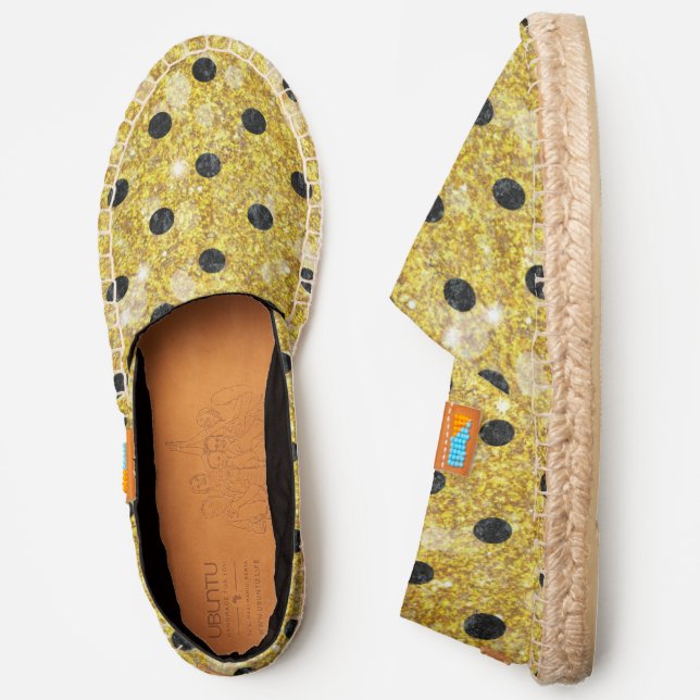 Chic black polka dots on gold faux glitter espadrilles (Side)