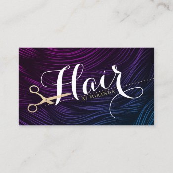 Chic Black Purple Faux Gold Scissors Hair Stylist Appointment Card by ReadyCardCard at Zazzle