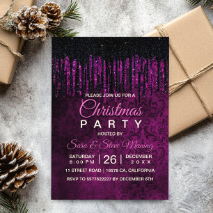 Chic black purple glitter drips damask Christmas Invitation