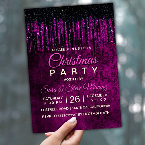 Chic black purple glitter drips damask Christmas  Invitation