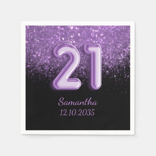 Chic Black  Purple Glitter Sparkle 21 Birthday Napkins