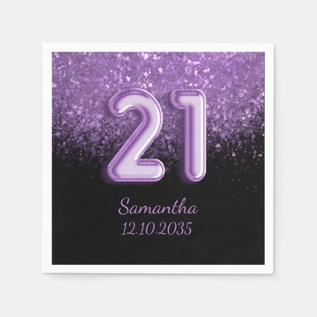 Chic Black & Purple Glitter Sparkle 21 Birthday Napkins (Front)