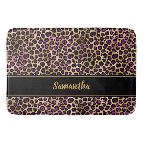 Chic Black Purple Gold Leopard Print Personalized Bath Mat