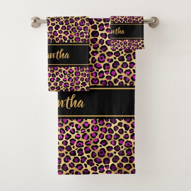 Chic Black Purple Gold Leopard Print Personalized Bath Towel Set (Insitu)