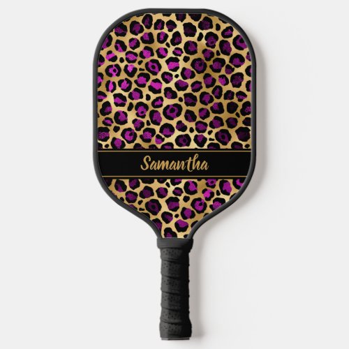 Chic Black Purple Gold Leopard Print Personalized Pickleball Paddle