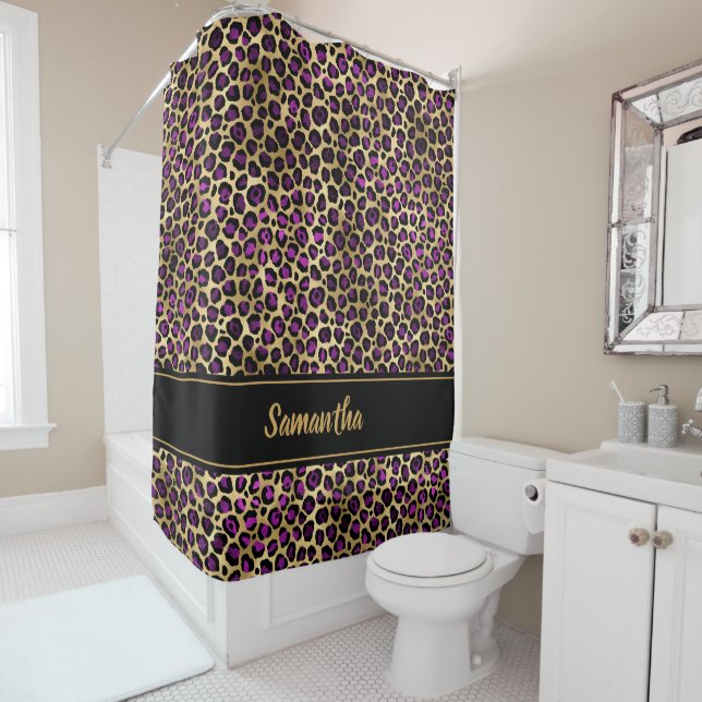 Chic Black Purple Gold Leopard Print Personalized Shower Curtain (In Situ)