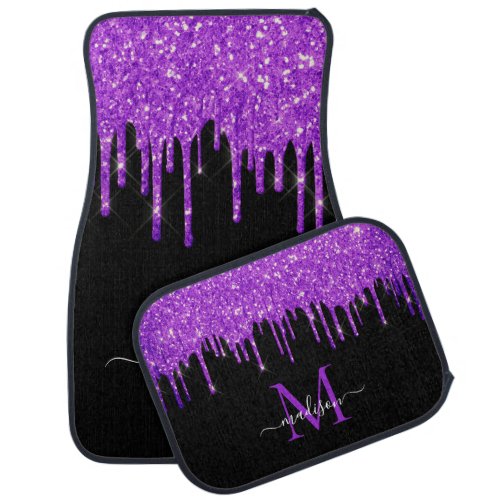 Chic Black Purple Violet Dripping Glitter Monogram Car Floor Mat