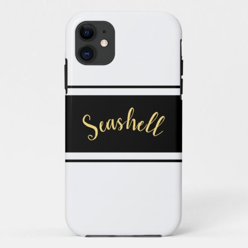 Chic Black Racing Stripes On White Seashell Script iPhone 11 Case