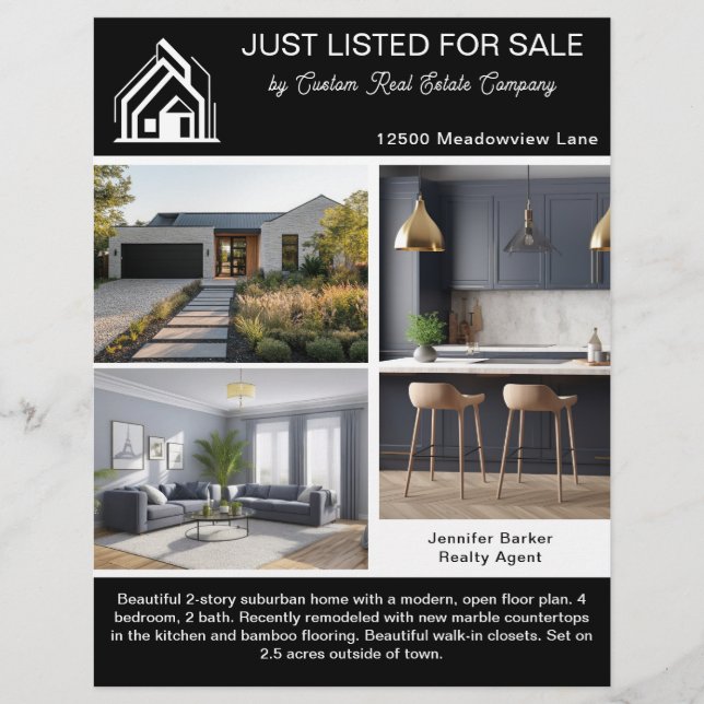 Chic Black Real Estate Home Listing 2 Sided Modern Flyer (Front)