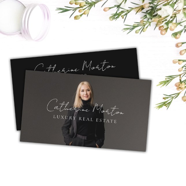 Chic Black Realtor Photo Luxury Real Estate  Business Card (Luxury Classy Realtor Photo Real Estate Business Card)