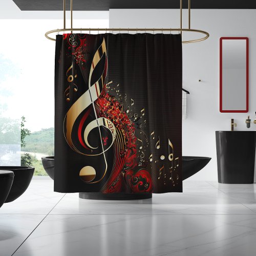 Chic Black Red and Gold Clef Note  Shower Curtain