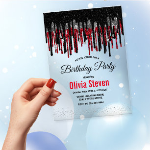 Chic black red and silver glitter drips birthday acrylic invitations