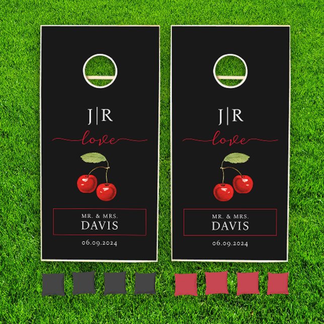 Chic Black Red Bride And Groom Initials Monogram Cornhole Set (Creator Uploaded)