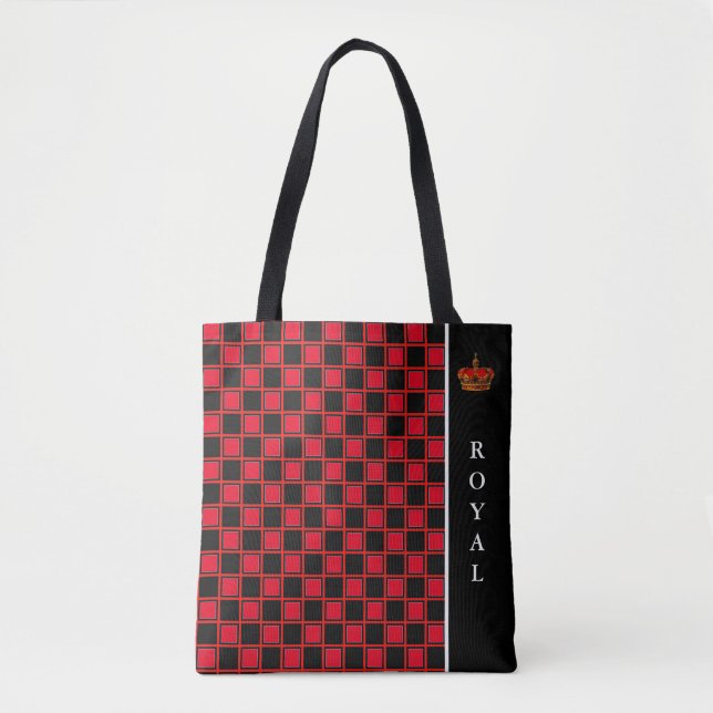 Chic black, & red checkered & calligraphy tote bag (Front)