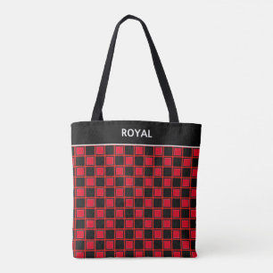 Chic black red checkered pattern & calligraphy tote bag