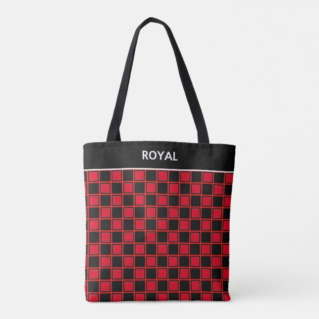 Chic black red checkered pattern & calligraphy tote bag (Back)