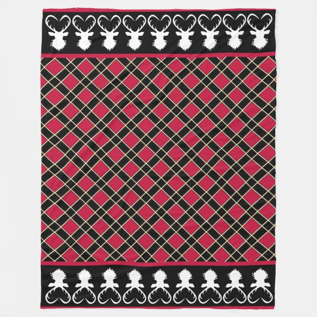 Chic Black  Red Checkered & Reindeer Silhouettes Fleece Blanket (Front)