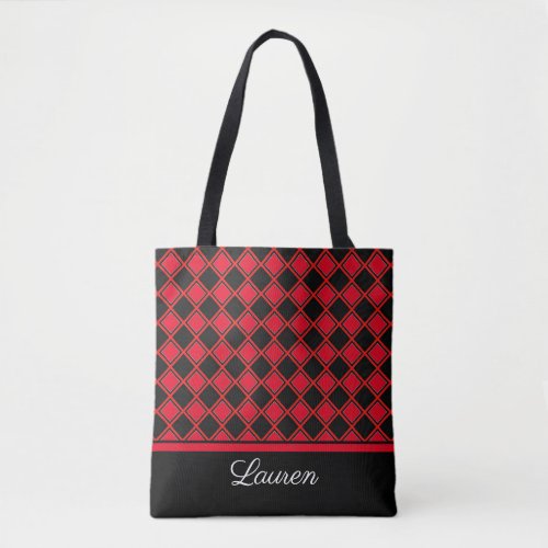 Chic black  red diamond geometric shape tote bag